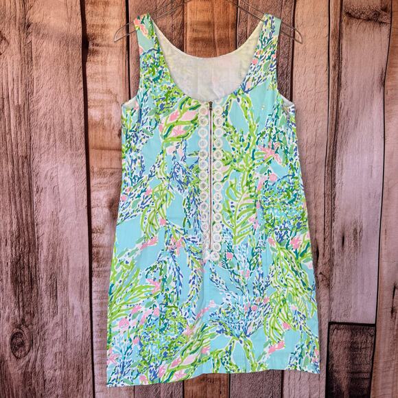 Lilly Pulitzer Dress Cathy Skye Blue Heaven Iridescent Lace Back Shift Size 8 - Picture 2 of 8